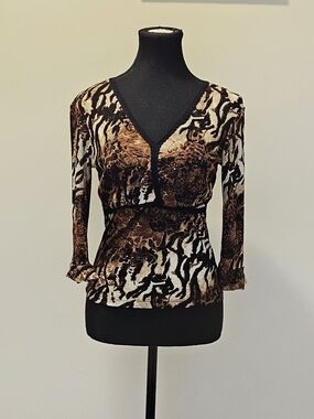 Brown Animal-Print V-Neck Mid Length Sleeve Top